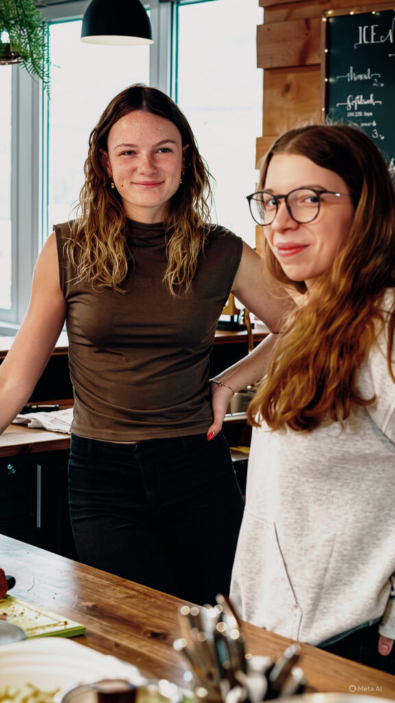 Zwei junge Frauen im Gespräch in einem modernen Café, das Gemeinschaft und Zusammengehörigkeit im ICF Basel-Land fördert.