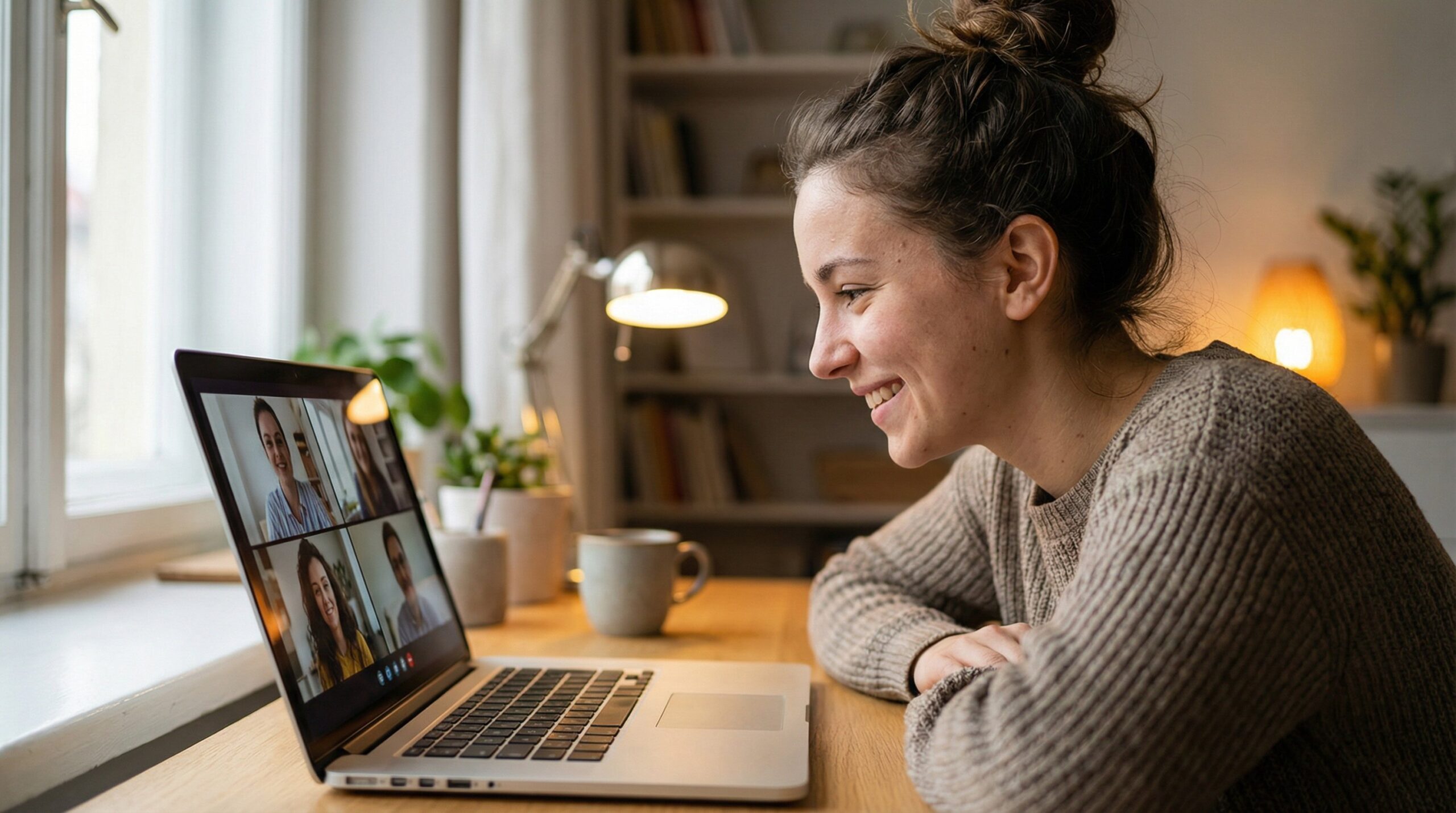 A woman with dark hair tied up, smiling while participating in a video call on her laptop.