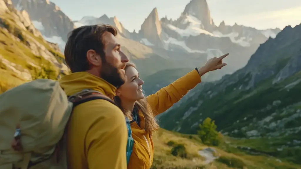 Mann und Frau beim Blick auf die Berge, Frau zeigt nach oben.