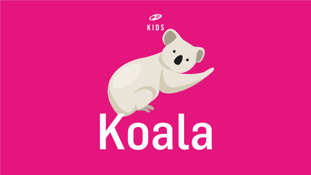 Illustration eines weißen Koalas auf pinkem Hintergrund, winkend.