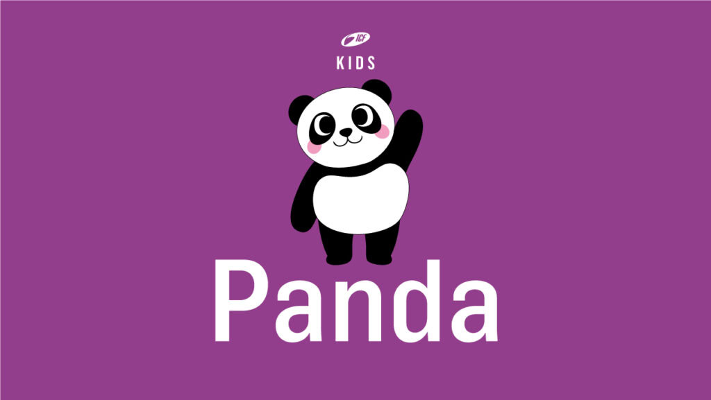 Cartoon-Panda mit erhobener Hand auf lila Hintergrund.