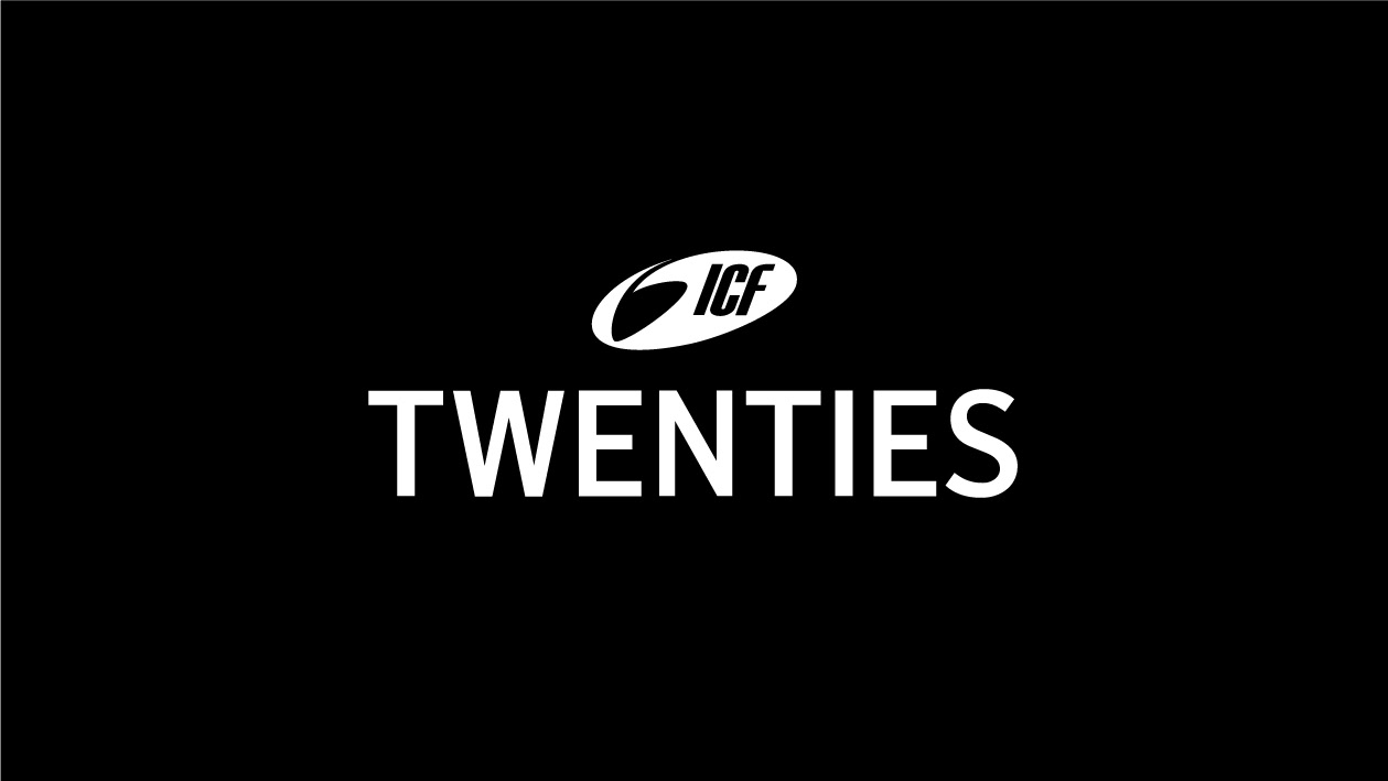 ICF TWENTIES Logo mit weißem Text und Symbol auf schwarzem Hintergrund.