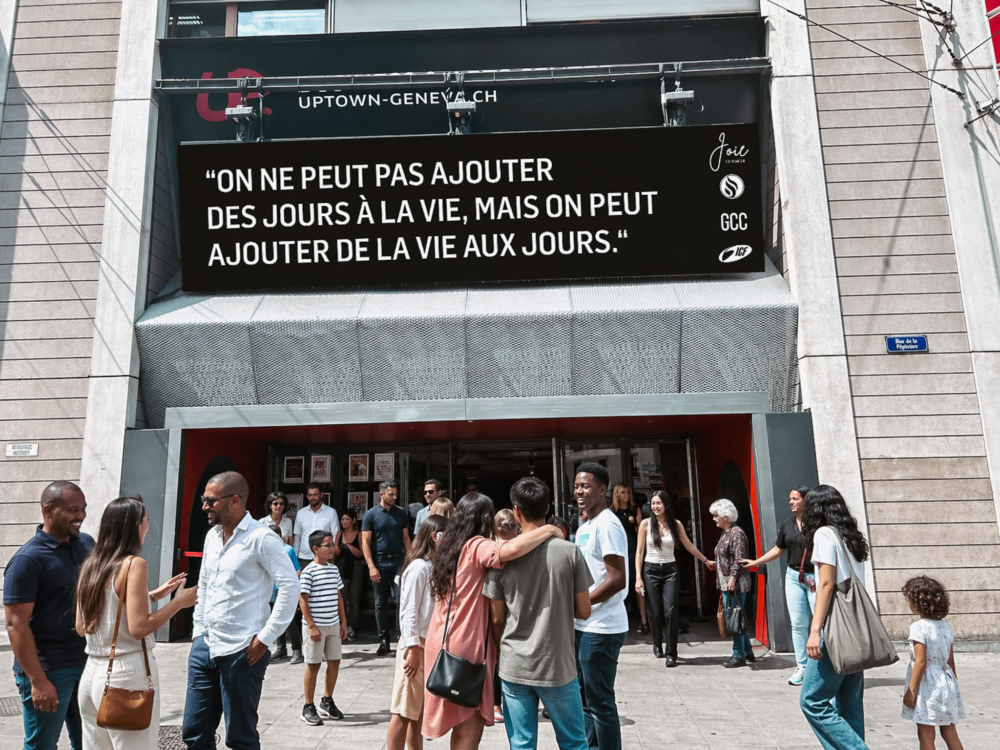 A group of people gathered outside the entrance of a building.
