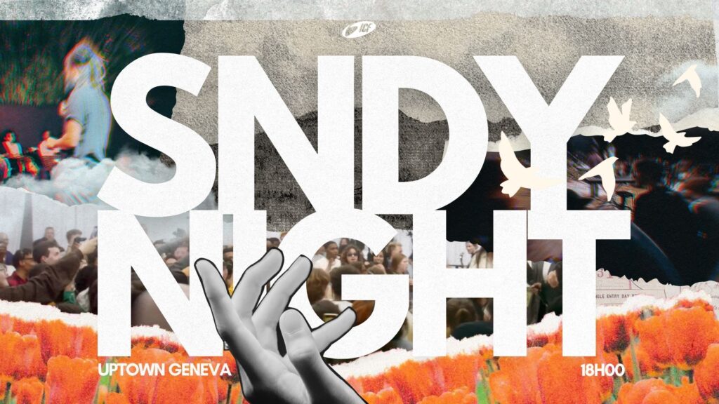 Large text reading "SNDY NIGHT" with a background of people and a sunset.