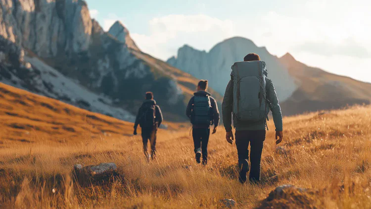 Drei Personen mit Rucksäcken wandern durch eine offene Berglandschaft.