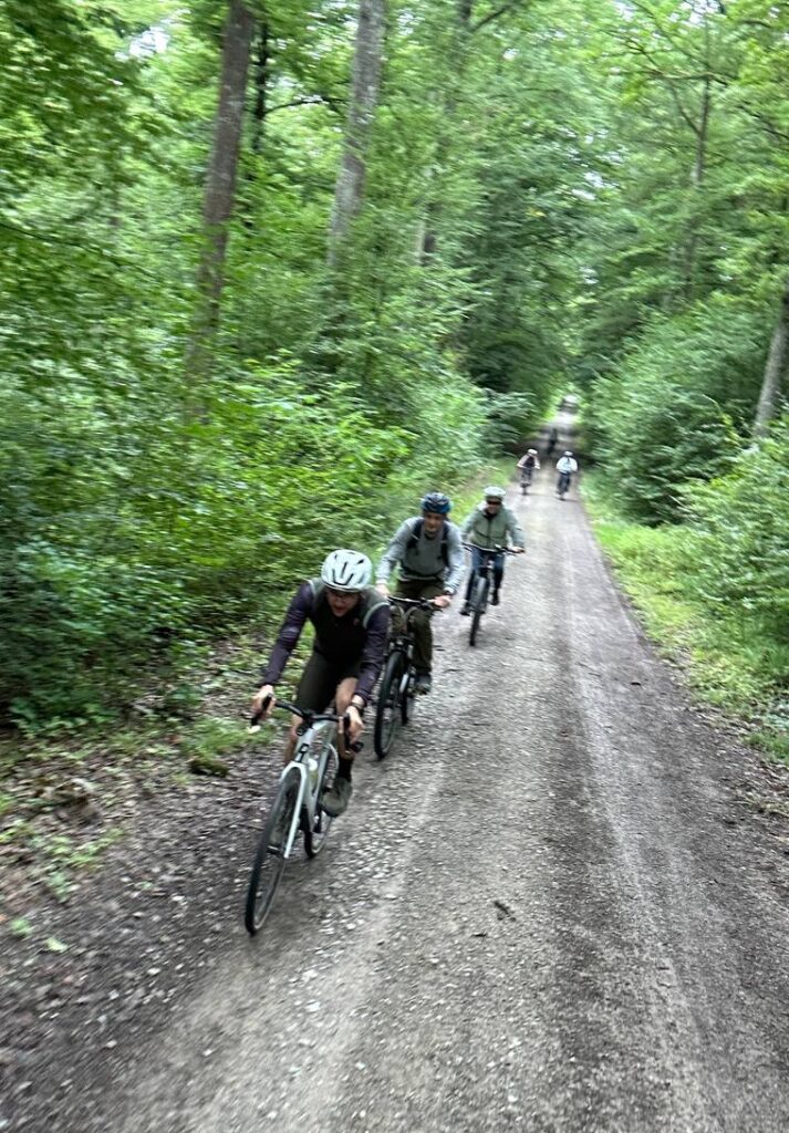 Abenteuerliche Mountainbiker auf einem Waldweg, umgeben von üppigem Grün, beim Radfahren in der Natur.
