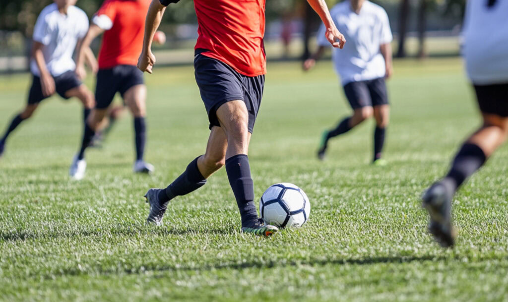 Fußballspieler in rotem Trikot schießt auf den Ball, andere Spieler im Hintergrund.