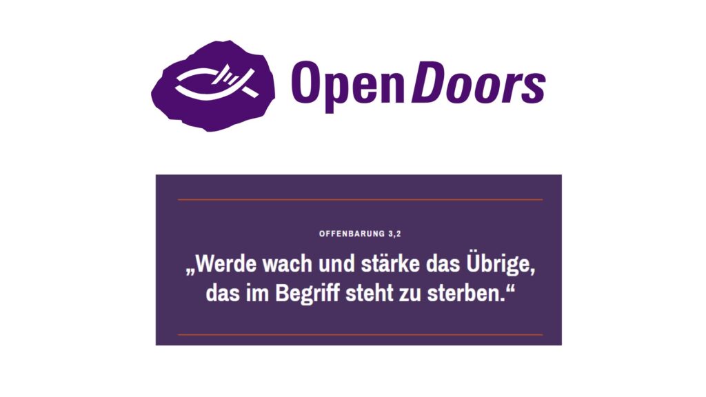 Logo mit offener Tür und Hand, Text auf dunklem Hintergrund.