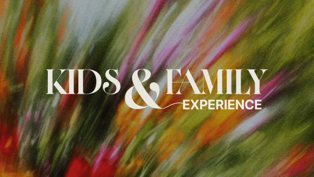 Text "Kids & Family Experience" over a colorful, blurred background.