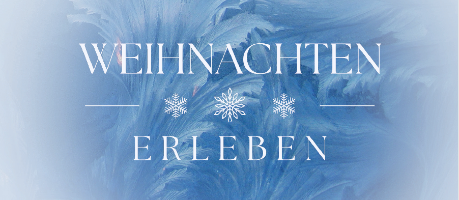 Weihnachten erleben in weißer Schrift auf bläulichem Hintergrund mit Schneeflocken.