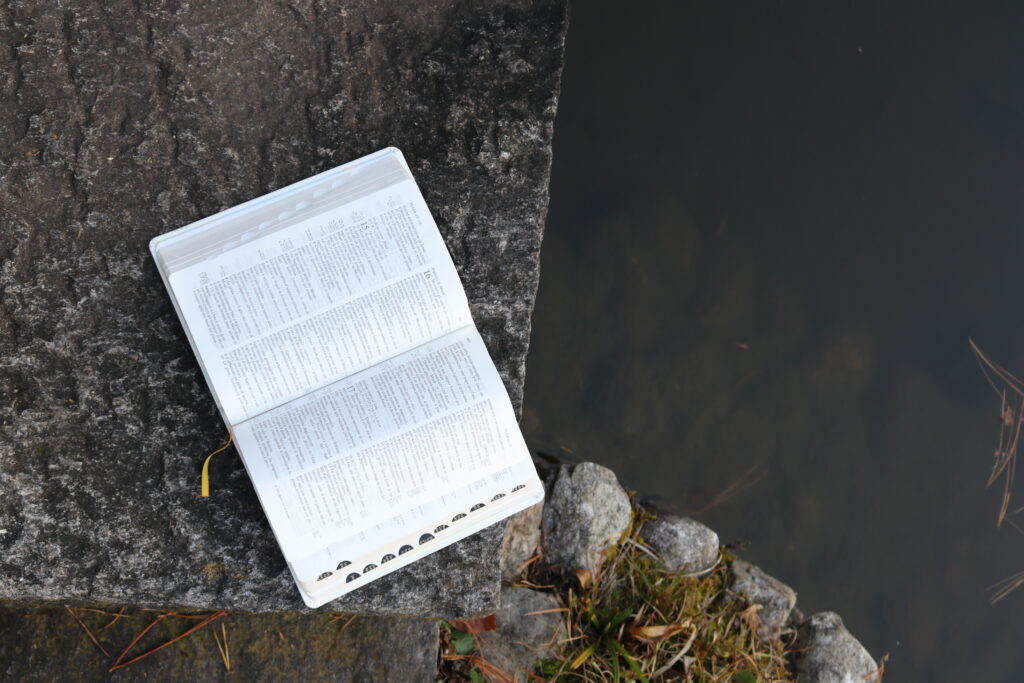 An open book with small print lies on a large rock near the water's edge.
