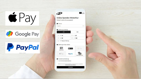 Smartphone zeigt Spenden-Apps für Apple Pay, Google Pay und PayPal.