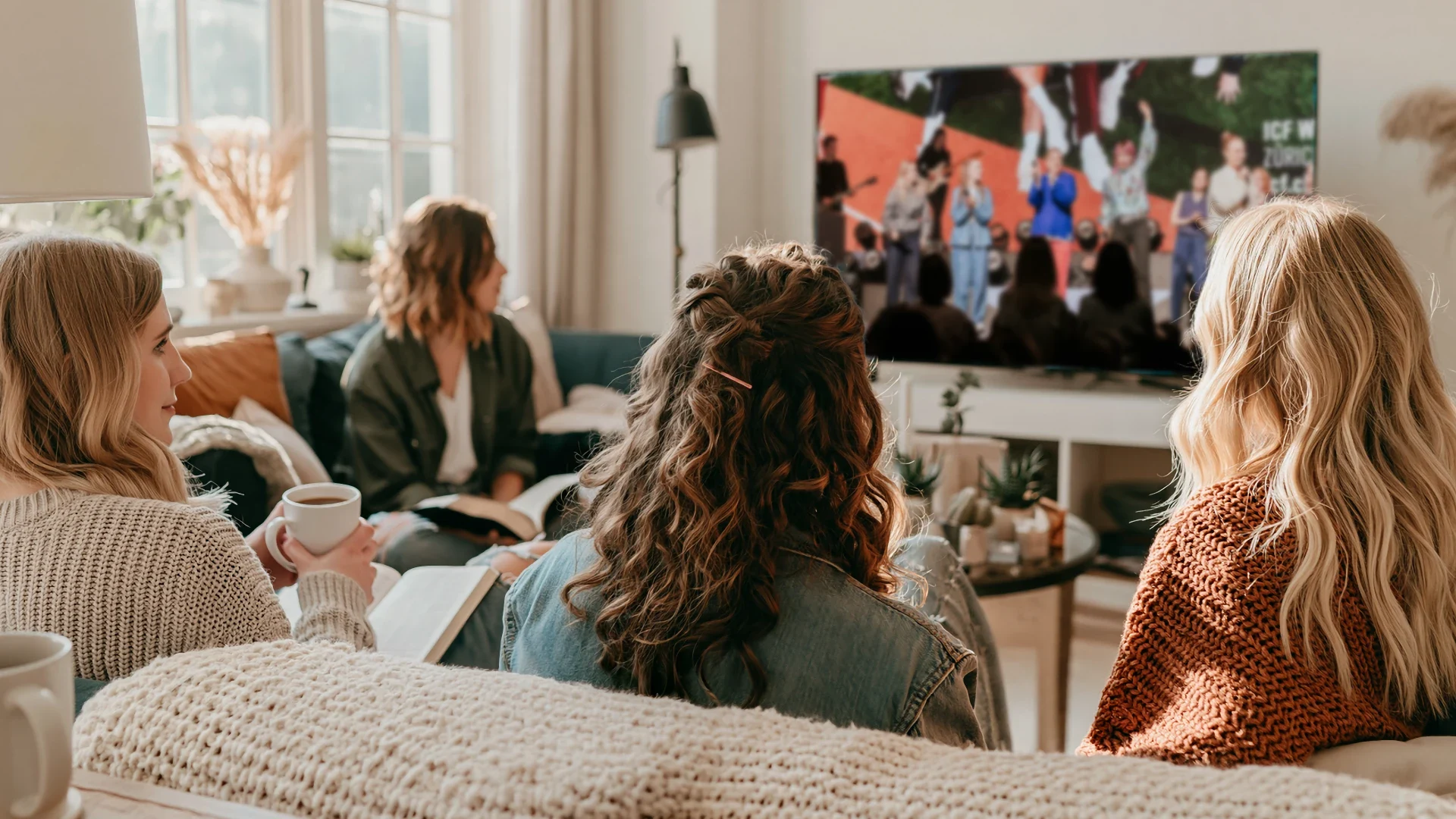 Vier Frauen sitzen im Wohnzimmer und schauen einen Fernseher an.