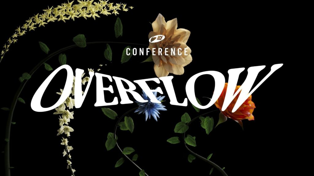 Flowers and leaves surround the word "OVERFLOW" on a black background.