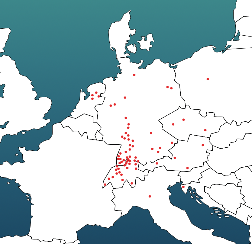 Map of Europe with red dots in Germany.