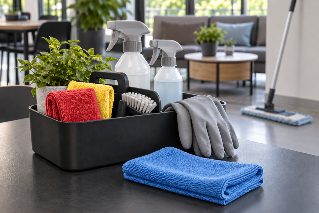 Reinigungsutensilien, Handschuhe, Tücher, Sprayflaschen auf Tisch.