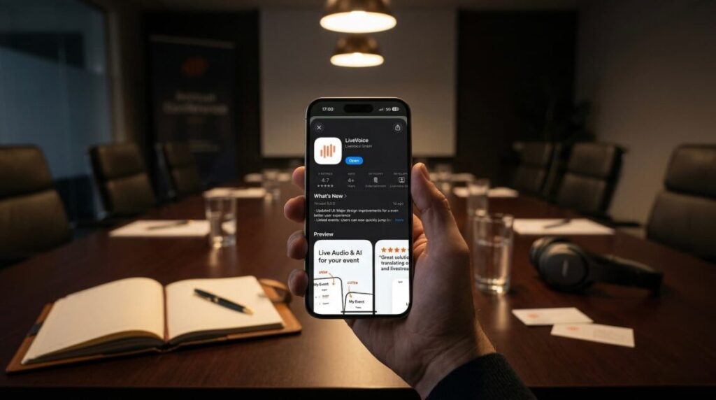 Hand hält Smartphone mit Livestream-App, Konferenzraum im Hintergrund.