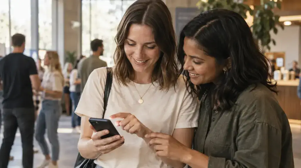 Zwei Frauen schauen gemeinsam auf ein Smartphone in einem öffentlichen Raum.